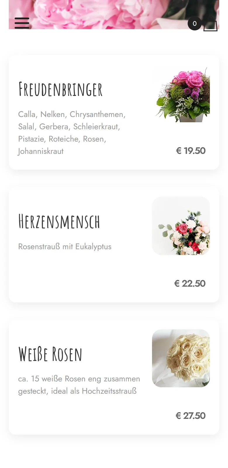 Sortiment im Demo-Blumenladen: Sträuße mit Preisen und Varianten